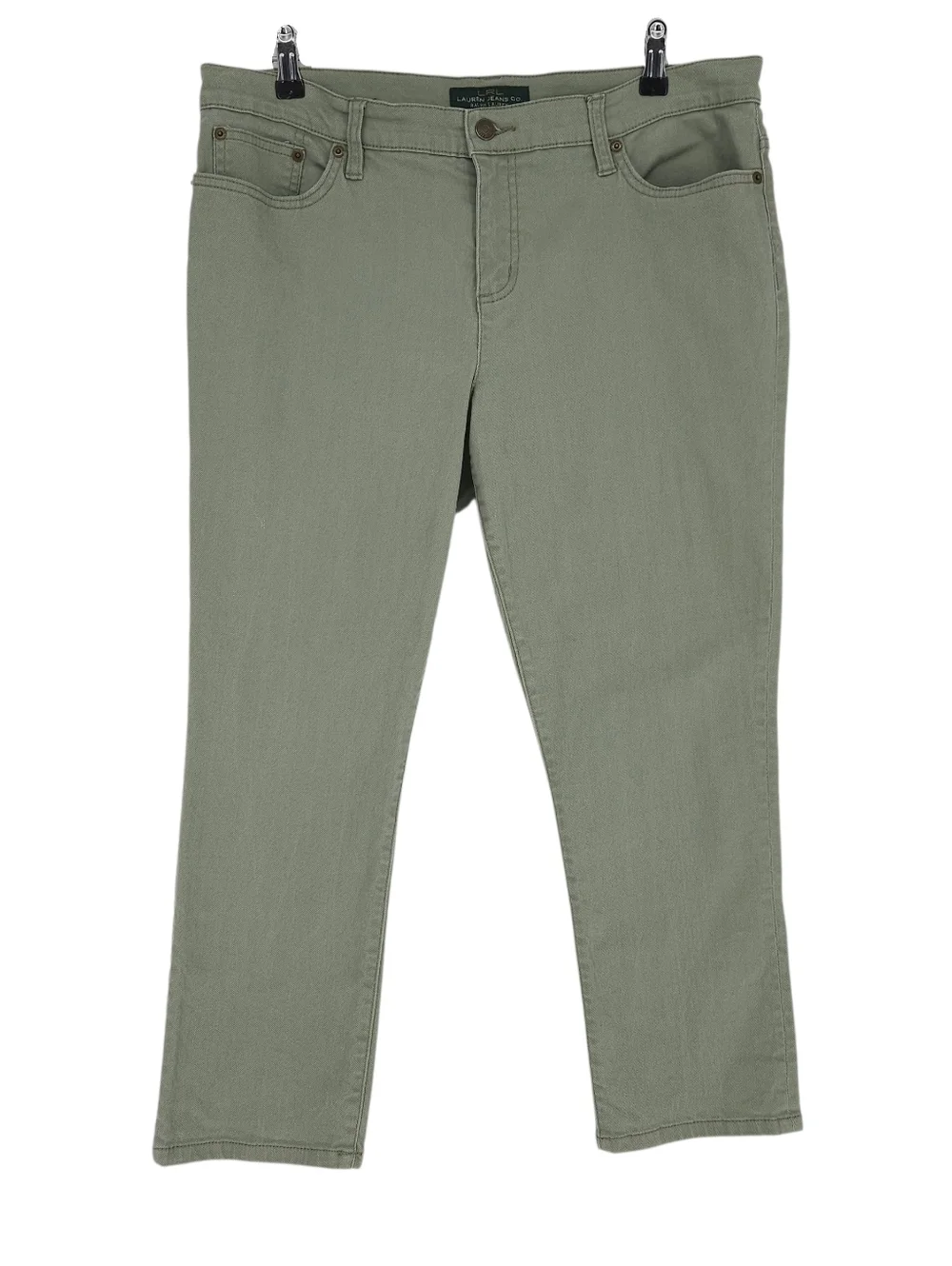 LRL Ralph Lauren Modern Straight Cropped Jeans Mid Rise Olive Green Denim 14